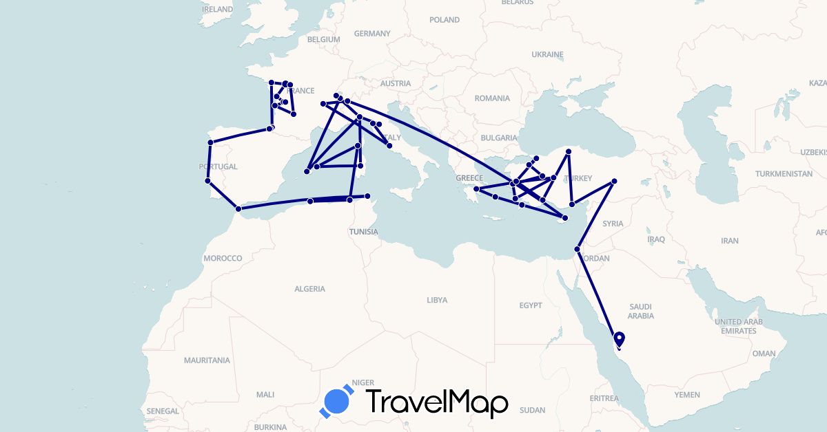 TravelMap itinerary: driving in Switzerland, Cyprus, Algeria, Spain, France, Greece, Israel, Italy, Portugal, Saudi Arabia, Tunisia, Turkey (Africa, Asia, Europe)